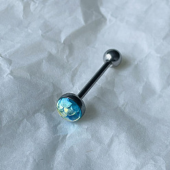 Темно-Голубой Градиент цвета плоская круглая шкала нержавеющая сталь эмалированная прямая штанга 15 калибр пирсинг язык кольца для женщин мужчин, цвет нержавеющей стали, глубокое синее небо, 14x7 мм, штифты : 1.6 мм