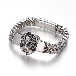 Античный Серебристый & Цвет Нержавеющей Стали 304 из нержавеющей стали ссылка браслеты, с магнитными застежками, голова льва, старинное серебро и цвет нержавеющей стали, 8-3/8 дюйм (21.4 см), 11.5~28x6~16 мм