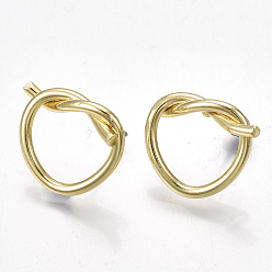 Light Gold Alloy Stud Earrings, with Steel Pins, Heart, Light Gold, 14x17~18mm, Pin: 0.7mm