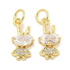 Настоящее золото 18K Покрытие стойки латунь микропаве прозрачные подвески из кубического циркония, долговечный, с прыжковых колец, без свинца и без кадмия, кролик, реальный 18 k позолоченный, 15x7x3 мм, отверстие : 3 мм