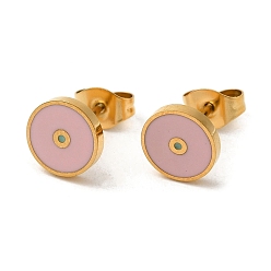 Real 18K Gold Plated Ion Plating(IP) 304 Stainless Steel Stud Earrings with Pink Enamel, Flat Round Shape, Real 18K Gold Plated, 8mm