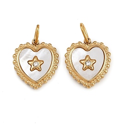 Настоящее золото 18K 304 подвески из натуральной ракушки из нержавеющей стали, подвески в форме сердца с кристаллами и кольцами, ионное покрытие (ip), реальный 18 k позолоченный, 17x15x3 мм, отверстие : 4.5x2.5 мм
