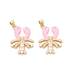 Бледно-Розовый Латунь эмаль подвески, креветки прелести, золотые, розовый жемчуг, 25.5x18.5~19x3 мм, отверстие : 5x3.5 мм