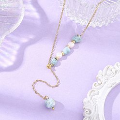 Golden Natural Larimar Round Pendant Brass Cable Chain Lariat Y Necklaces with Natural Pearl for Women, Golden, 19.49 inch(49.5cm)