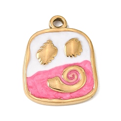 Hot Pink 303 Stainless Steel Enamel Pendants, Rectangle with Conch Shape Charms, Ion Plating(IP), Golden, Hot Pink, 26x20.5x2.5mm, Hole: 2.5mm