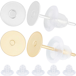 Golden & Silver 200Pcs 2 Colors 304 Stainless Steel Stud Earring Findings, Flat Round, 200Pcs Plastic Ear Nuts, Golden & Silver, 10x0.3mm, Pin: 12x0.7mm, 100pcs/color