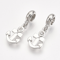 Platinum Alloy European Dangle Charms, with Rhinestone, Large Hole Pendants, Anchor, Crystal, Platinum, 27mm, Hole: 4mm