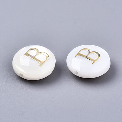 Letter B Natural Freshwater Shell Beads, with Golden Plated Brass Etched Metal Embellishments, Flat Round, Seashell Color, Letter.B, 8x3~5mm, Hole: 0.5~07mm