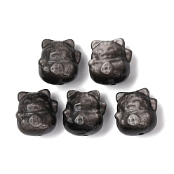 Silver Sheen Obsidian Резные бусины из натурального серебра из обсидиана, форма счастливой кошки, 16~16.5x15~15.5x12 мм, отверстие : 1.4 мм
