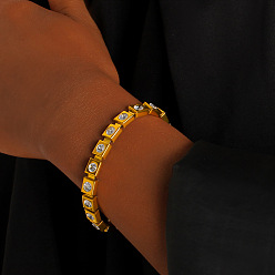 Golden 304 Stainless Steel Pave Clear Cubic Zirconia Square Link Chain Bracelets for Women, Golden, 7.48 inch(19cm)