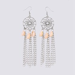 Antique Silver & Platinum Cowrie Shell Dangle Earrings, with Alloy Findings, Brass Chains & Earring Hooks, Woven Net/Web with Feather, Antique Silver & Platinum, 124~125mm, Pin: 0.8mm