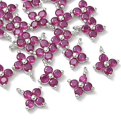 Deep Pink SHEGRACE Brass Cubic Zirconia Charms, Flower Charms, Cadmium Free & Lead Free & Nickel Free, Platinum, Deep Pink, 11.5x9.5x3mm, Hole: 1.2mm