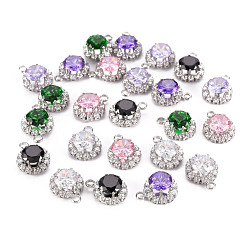 Mixed Color Glass Charms, with Platinum Tone Brass Findings, Faceted, Flat Round, Mixed Color, 15x11.5x6mm, Hole: 2mm