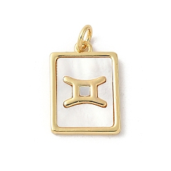 Близнецы Подвески из латуни с натуральными белыми ракушками, подвески-созвездия с соединительными кольцами, реальный 18 k позолоченный, долговечный, без свинца и без кадмия, стойки покрытие, Близнецы, 17x12x2 мм, отверстие : 3 мм