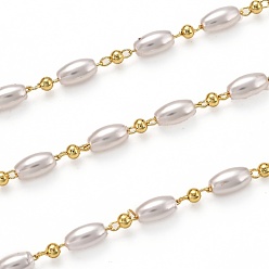 Golden Handmade Brass Link Chains, with Acrylic Imitation Pearl and Spool, Long-Lasting Plated, Soldered, Golden, Links: 1.7x2.1mm, Acrylic Pear: 5.8x3.4mm