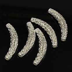 Серебро Тибетский сплава стиль полые шарики, изогнутые трубочки бусины лапши, изогнутая трубка, без кадмия и без свинца, серебряные, 64x12x9.5 мм, отверстие : 5.5 мм