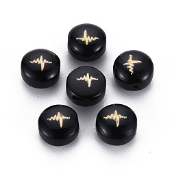 Black Handmade Lampwork Beads, with Golden Plated Brass Etched Metal Embellishments, Flat Round with ECG, Black, 8x5~6mm, Hole: 0.8mm
