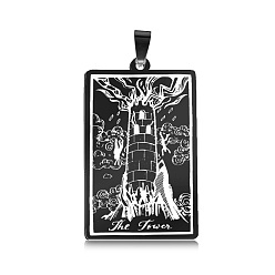 Gunmetal 201 Stainless Steel Pendants, Laser Engraved Pattern, Tarot Card Pendants, Gunmetal, The Tower XVI, 40x24x1mm, Hole: 8x4mm