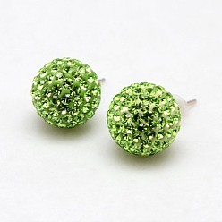 214_Peridot 925 Sterling Silver Austrian Crystal Rhinestone Ear Studs, with Plastic Ear Nuts, Round, 214_Peridot, 12mm, Pin: 0.8mm