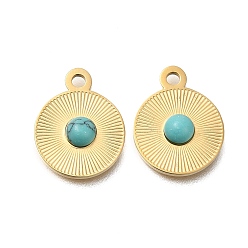 Настоящее золото 18K Плоские круглые подвески из окрашенной синтетической бирюзы, с ионным покрытием (ip) 304 настройки из нержавеющей стали, ручная полировка, реальный 18 k позолоченный, 15x12x3 мм, отверстие : 1.6 мм