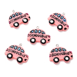 Pink Resin Pendants, with Platinum Tone Iron Loop, School Bus with Word, Pink, 25.5x29.5x4mm, Hole: 2mm