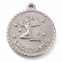 Sagittarius 304 Stainless Steel Pendants, Flat Round with Constellation, Sagittarius, 29x26x3mm, Hole: 2mm