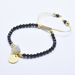 Tourmaline Natural Black Tourmaline Braided Bead Bracelets, with Electroplated Natural Lava Rock Beads, Druzy Crystal, Nylon Cord and Brass Findings, Flat Round & Heart, 2-1/8 inch(5.3cm)~3-1/8 inch(8cm)