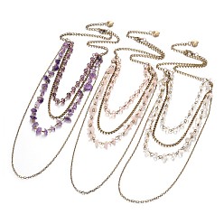 Mixed Stone Personalized Four Tier Gemstone Beads Necklaces, with Glass Beads, Brass Cross Chains and Iron Twisted Chains, Mixed Stone, 20.5 inch(52.1cm)