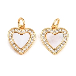 Real 18K Gold Plated Valentine's Day Brass Micro Pave Clear Cubic Zirconia Pendants, with Natural Freshwater Shell, Heart Charms, Real 18K Gold Plated, 13x12x2mm, Hole: 3mm
