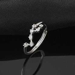 Водолей Созвездия с родиевым покрытием 925 стерлингового серебра с микропаве прозрачные кубические цирконии регулируемые кольца для женщин, Водолей, 6 мм, внутренний диаметр: 16 мм