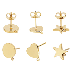 Golden 304 Stainless Steel Stud Earring Findings, with Loop, Curved, Heart & Star & Flat Round, Golden, 6pcs/box