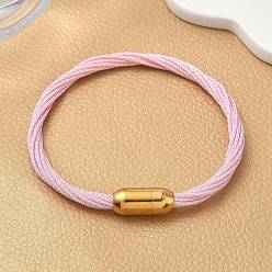 Бледно-Розовый 304 Браслеты из нержавеющей стали с полиэстеровым металлическим шнуром для женщин, с внутренней частью из рыбьей нити и магнитной застежкой, ионное покрытие (ip), розовый жемчуг, 7-1/4 дюйм (18.3 см)