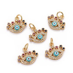 Golden Brass Micro Pave Cubic Zirconia Charms, with Enamel and Jump Rings, Evil Eye, Colorful, Golden, 13x15x3.5mm, Hole: 3mm