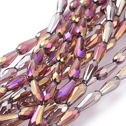 Орхидея Гальванизируйте прозрачное стекло бисер нитей, с полным покрытием цвета радуги, граненые, граненые, слеза, сиреневые, 9~10x4 мм, отверстие : 0.8 мм, около 64~66 шт / нитка, 60~62 см