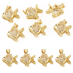 Clear 6Pcs Brass Micro Pave Cubic Zirconia Pendants, Fish Charms, Real 16K Gold Plated, Clear, 14x16x7mm, Hole: 3x4.5mm