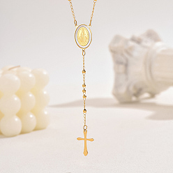 Oval 201 Винтажный рельефный портрет из нержавеющей стали с подвеской в виде креста с кисточкой, четки для женщин, золотые, овальные, 20.67 дюйм (52.5 см)