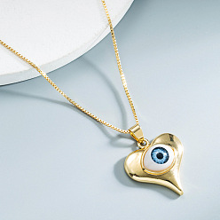 Light Sky Blue Brass Pendant Necklaces, Box Chain Necklaces, Heart with Evil Eye, Light Sky Blue, 16.65 inch(423mm)