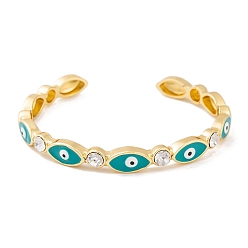 Dark Turquoise Horse Eye Brass Pave Clear Cubic Zirconia Evil Eye Open Cuff Bangles with Enamel for Women, Real 18K Gold Platend, Dark Turquoise, Inner Diameter: 2-1/8~2-3/8 inch(5.5~6cm), 7mm