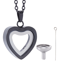 Черный Цвет Металла 1Ожерелье-подвеска в форме сердца из нержавеющей стали для урны с прахом, с 1шт. 304 мини-воронкой из нержавеющей стали, металлический черный , 21.26 дюйм (54 см)
