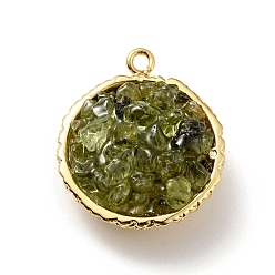 Перидот Подвески из натуральных перидотов, с реечным покрытием из латуни с покрытием из настоящего золота 18k, круглые, без кадмия, без никеля и без свинца, 24x20x10~13 мм, отверстие : 1.8 мм