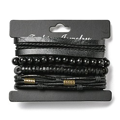 Black 4Pcs 4 Style Adjustable Braided Imitation Leather Cord Bracelets Set, Wood & Alloy Beaded Stretch Bracelets for Men, Black, Inner Diameter: 2~3-1/8 inch(5.1~8cm), 1Pc/style