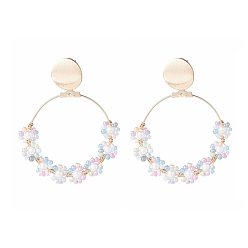 Pink Handmade Seed Beaded Big Circle Drop Earrings, Sunflower Shell Pearl Dangle Stud Earrings for Beach Vacation, Golden, Pink, 60mm, Pin: 0.7mm