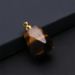 Tiger Eye Natural Tiger Eye Openable Perfume Bottle Pendants, Faceted Polygon Perfume Bottle Charms with Golden Plated Metal Cap, 30x23mm, Capacity: 2ml(0.07fl. oz)
