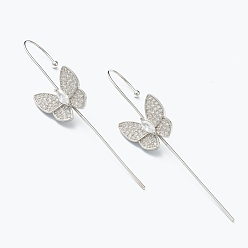Platinum Brass Micro Pave Clear Cubic Zirconia Ear Wrap Crawler Hook Earrings, Butterfly, Platinum, 56x13.5mm, Pin: 1mm