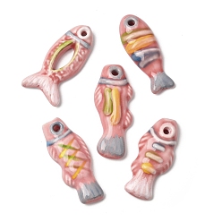 Corail Grands pendentifs en porcelaine peints à la main, charmes de poissons, corail, 65~72x25~32.5x10.5~11.5mm, Trou: 3.5~5.5mm
