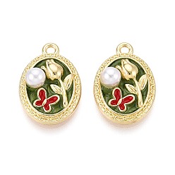 Light Gold Стойки обшивки сплава эмали подвески, овал, цветок и бабочка, с ABS имитации жемчуга, золотой свет, 22.5x15.5x7 мм, отверстие : 1.8 мм
