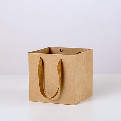 Tan Solid Color Kraft Paper Gift Bags with Ribbon Handles, for Birthday Wedding Christmas Party Shopping Bags, Square, Tan, 15x15x15cm