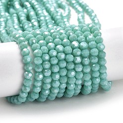 Medium Aquamarine Electroplate Opaque Glass Beads Strands, Faceted(32 Facets), Pearl Luster Plated, Round, Medium Aquamarine, 4mm, Hole: 0.7mm, about 88~95pcs/strand, 12.99~14.06 inch(33~35.7cm)