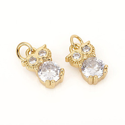 Золотой Латунные микро проложить кубического циркония прелести, с прыжковых колец, сова, прозрачные, золотые, 10.5x7.8x3.8 мм, кольца прыжок: 4.8x0.8 мм, 3.2 мм внутренним диаметром