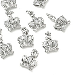 Real Platinum Plated SHEGRACE Brass Micro Pave Cubic Zirconia Pendants, Cadmium Free & Nickel Free & Lead Free, Crown Charms, Clear, Real Platinum Plated, 12x9x4mm, Hole: 2.5mm
